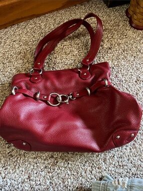 Women's Red Leather Shoulder Bag with Silver Hardware